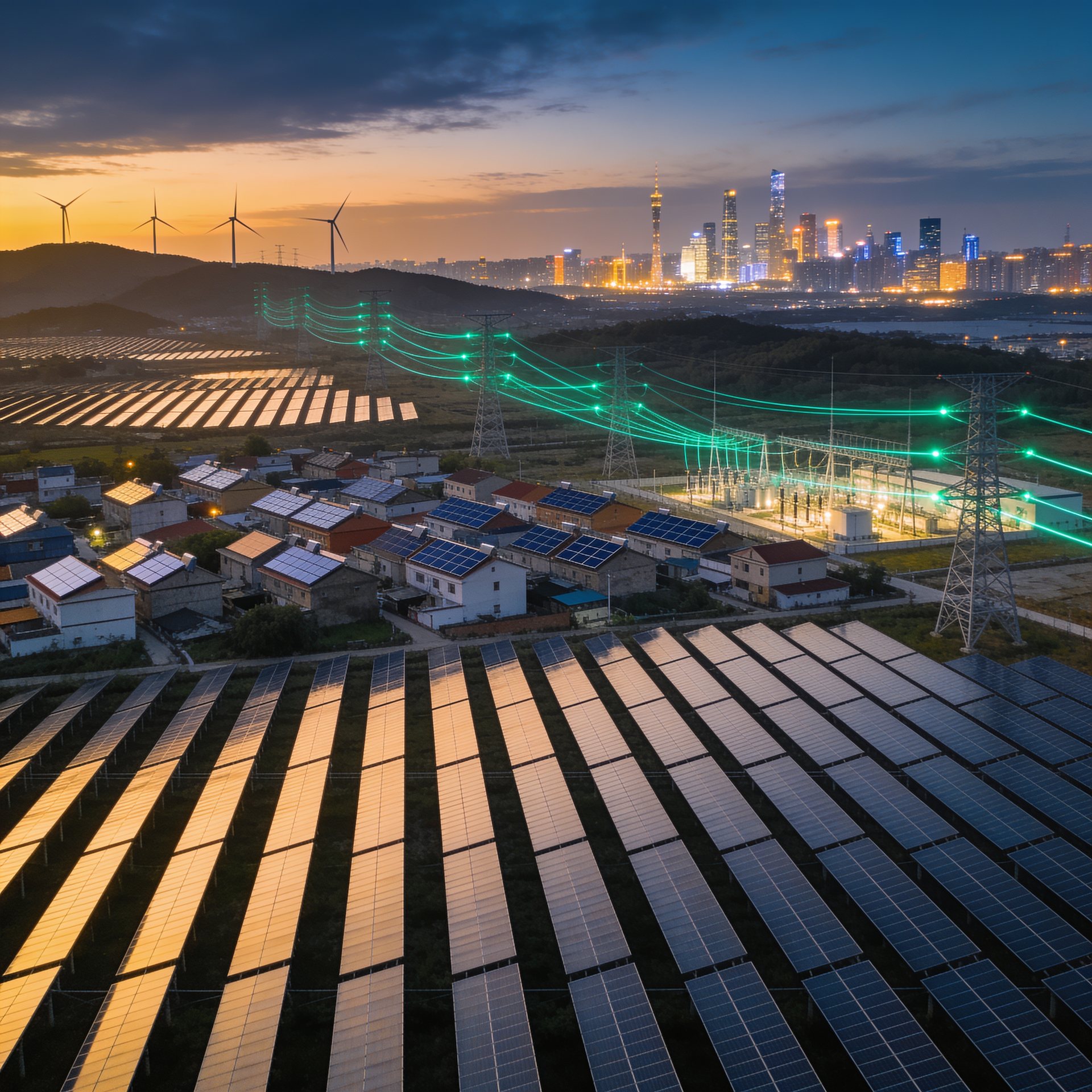 Solar farms, rooftop solar and the grid interconnected at dusk